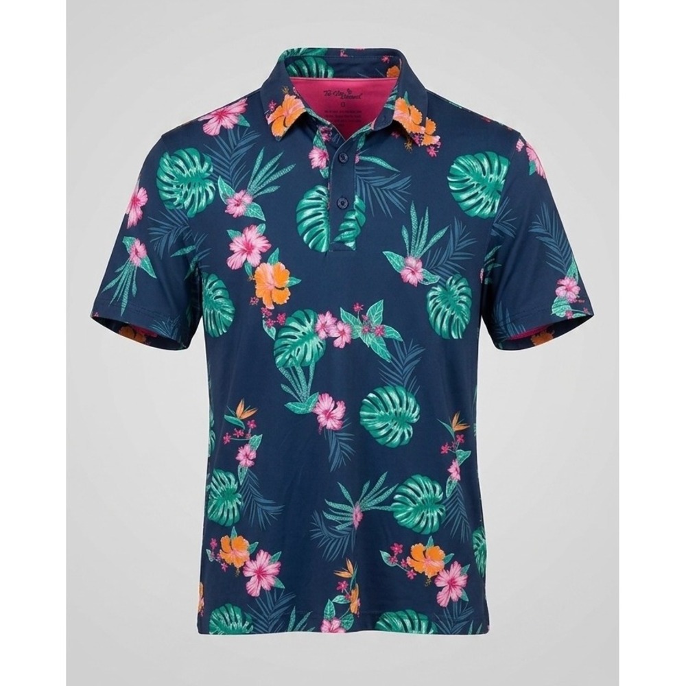 Birdie Bound Men's Medium Golf Polo Tropical Floral Navy Hibiscus Performance